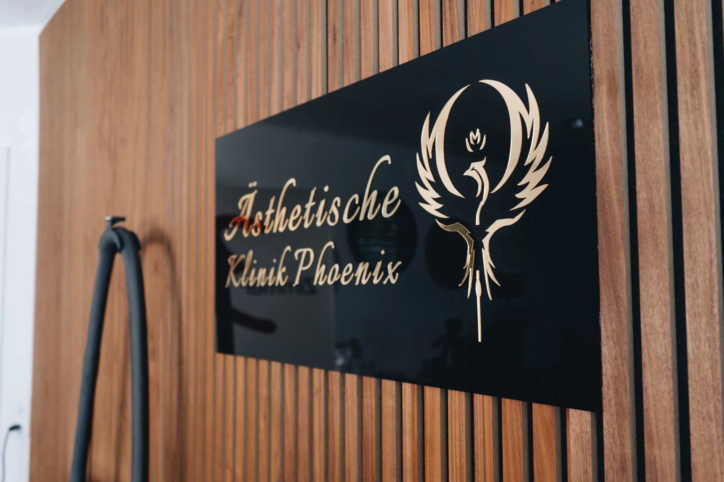 Logo der Klinik Phoenix an der Holzwand